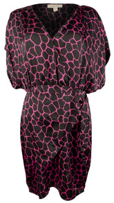 Michael Kors Women's Giraffe Printed Flutter Faux Wrap Dress Small Cerise